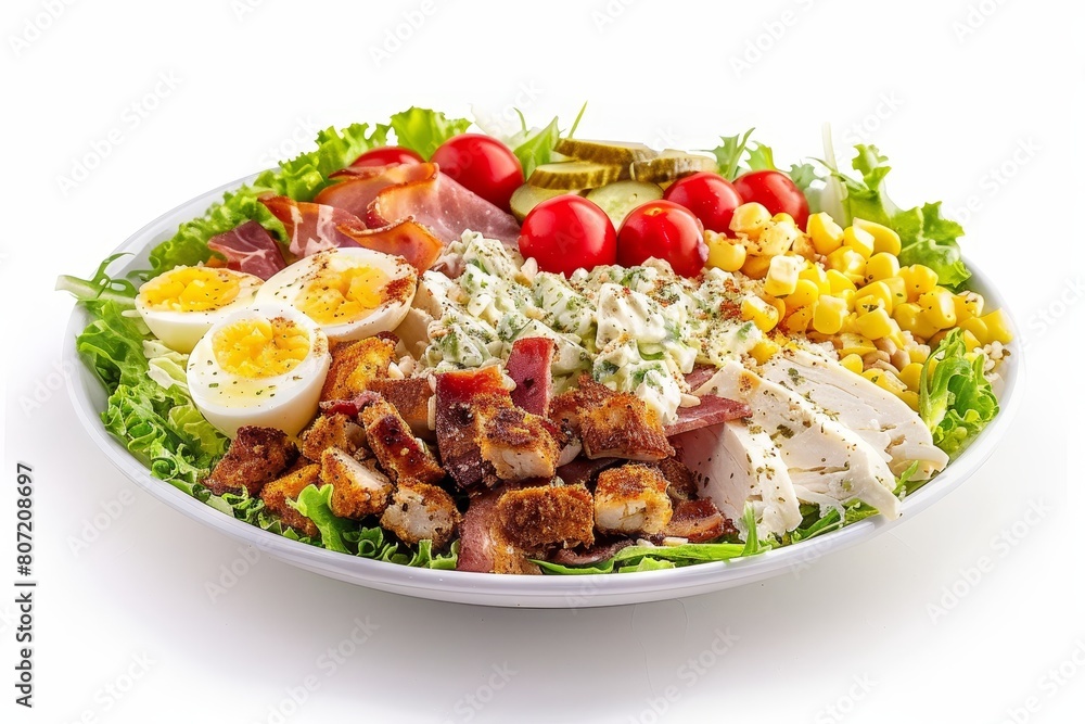 Cobb salad against white backdrop Cobb salad against white backdrop