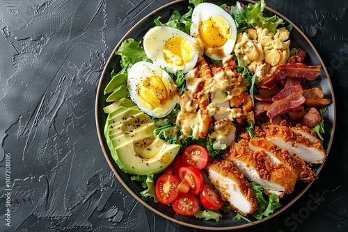 Cobb salad with fried chicken avocado tomatoes eggs bacon cheese on dark background Top view with copy space