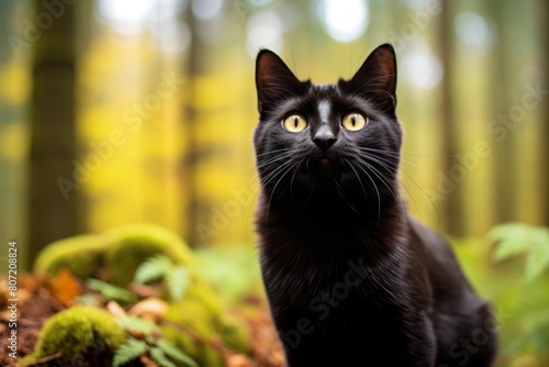 Medium shot portrait photography of a happy bombay cat skulking while standing against forest background