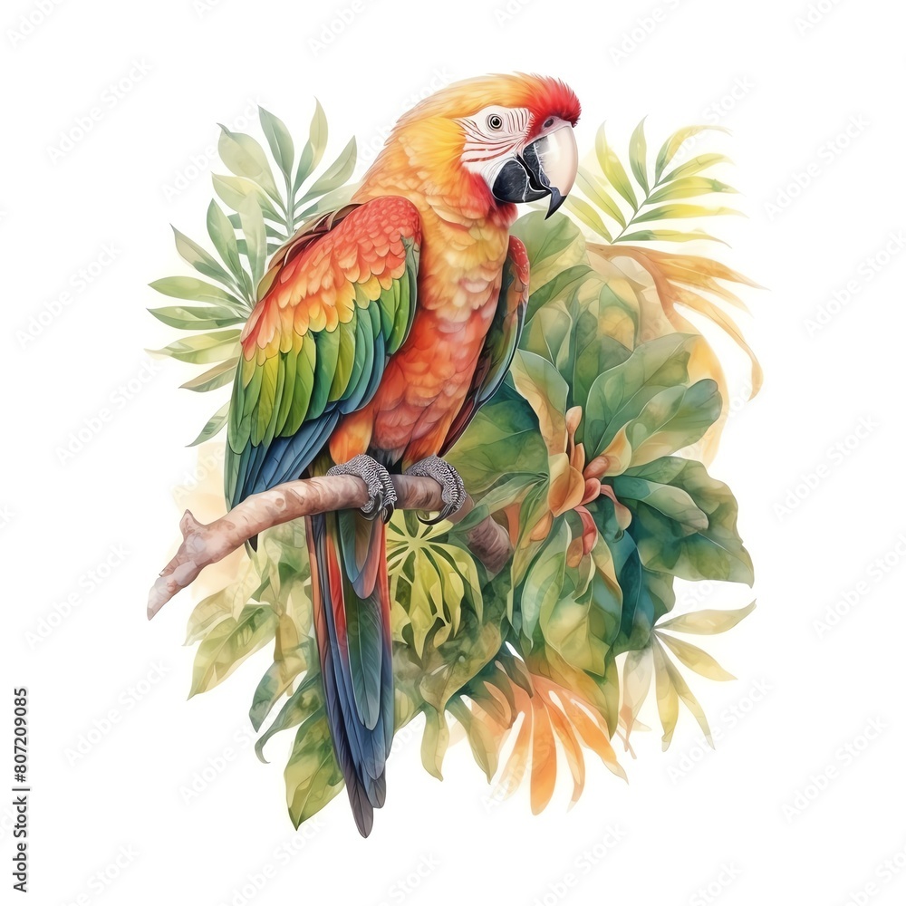 Obraz premium Colorful parrot among bright green tropical leaves