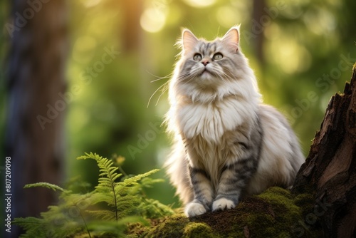 Close-up portrait photography of a smiling neva masquerade cat scratching isolated in forest background