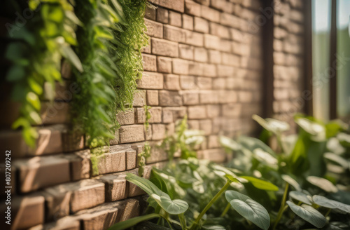 a brick wall framed by greenery. free space for text. © Екатерина Абатурова