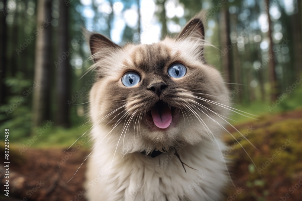 Close-up portrait photography of a smiling neva masquerade cat skulking isolated in forest background Close-up portrait photography of a smiling neva masquerade cat skulking isolated in forest background