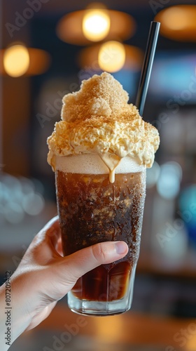 A person holding a root beer float drink in hand
