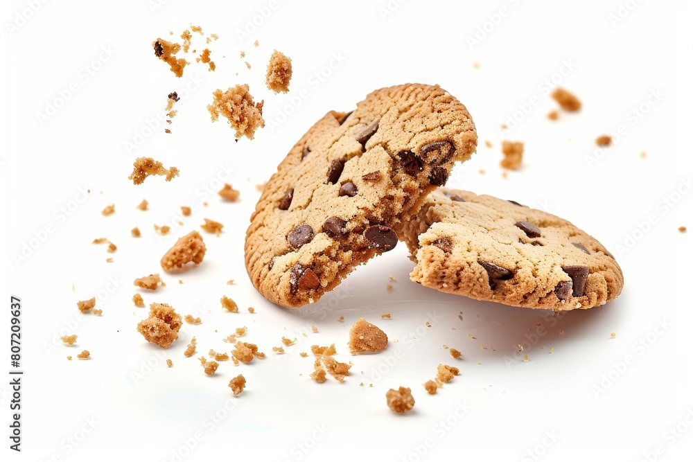 Cookies broken in half with crumbs falling white background Cookies broken in half with crumbs falling white background