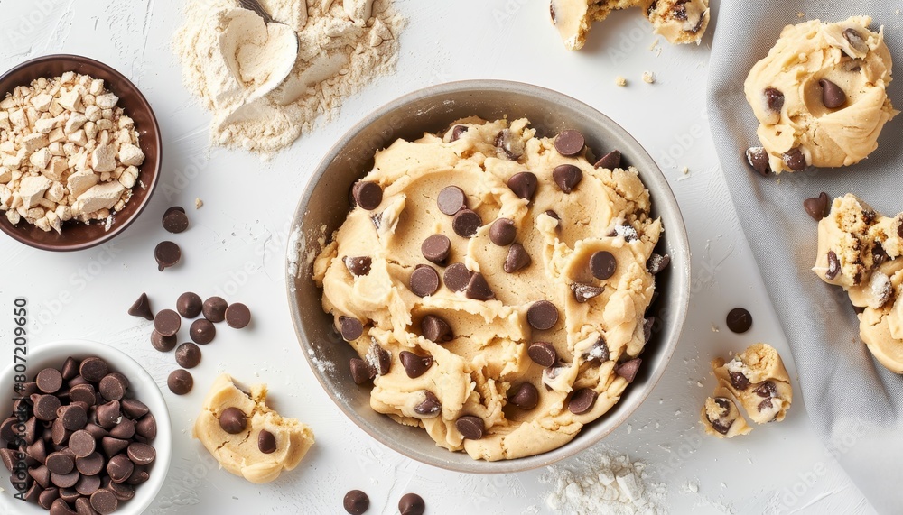 Cookie dough chocolate chips and flour on a light background arranged as a flat lay composition Cookie dough chocolate chips and flour on a light background arranged as a flat lay composition