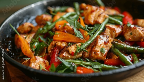 Cook chicken peppers and beans in a stir fry