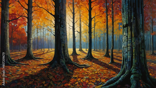 Colorful autumn forest.Fall season with red yellow and orange colors.painting of colorful trees. 