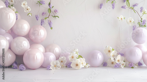A balloon wall inspired by a spring dawn, with balloons in hues of pale lavender and dawn pink, mingled with life-like early blooming flowers, 