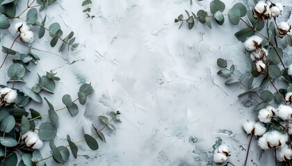 Cotton flowers and eucalyptus branches form a frame for a flat lay with copy space