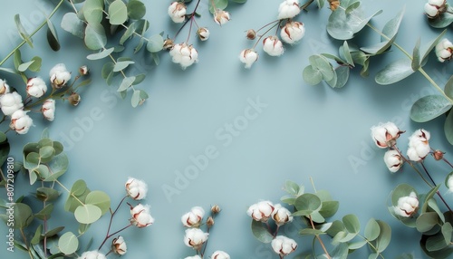 Cotton flowers and eucalyptus branches on a pastel blue background Top view with copy space © LimeSky