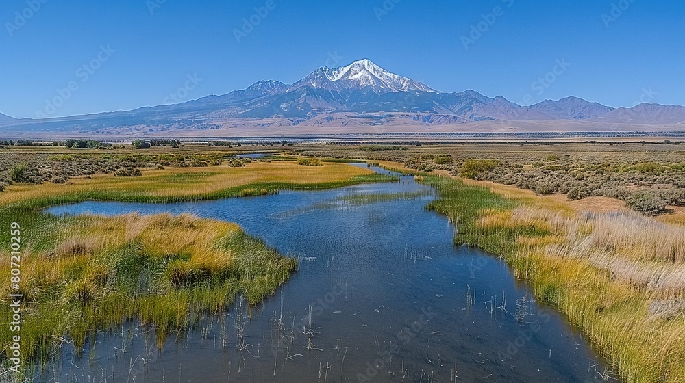   A river flows through a verdant meadow beside a majestic snow-capped mountain under a cloudless blue sky