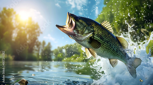 Jumping Bass Fish For Wallpaper Background, Fishing Lovers Image , On Water Forest and Mountain, Freshwater Fish, Fish Scene © Non