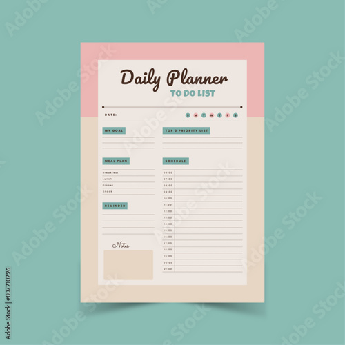 Daily planner, my goals, meal plan, schedule, priority list, notes. Vector illustration
