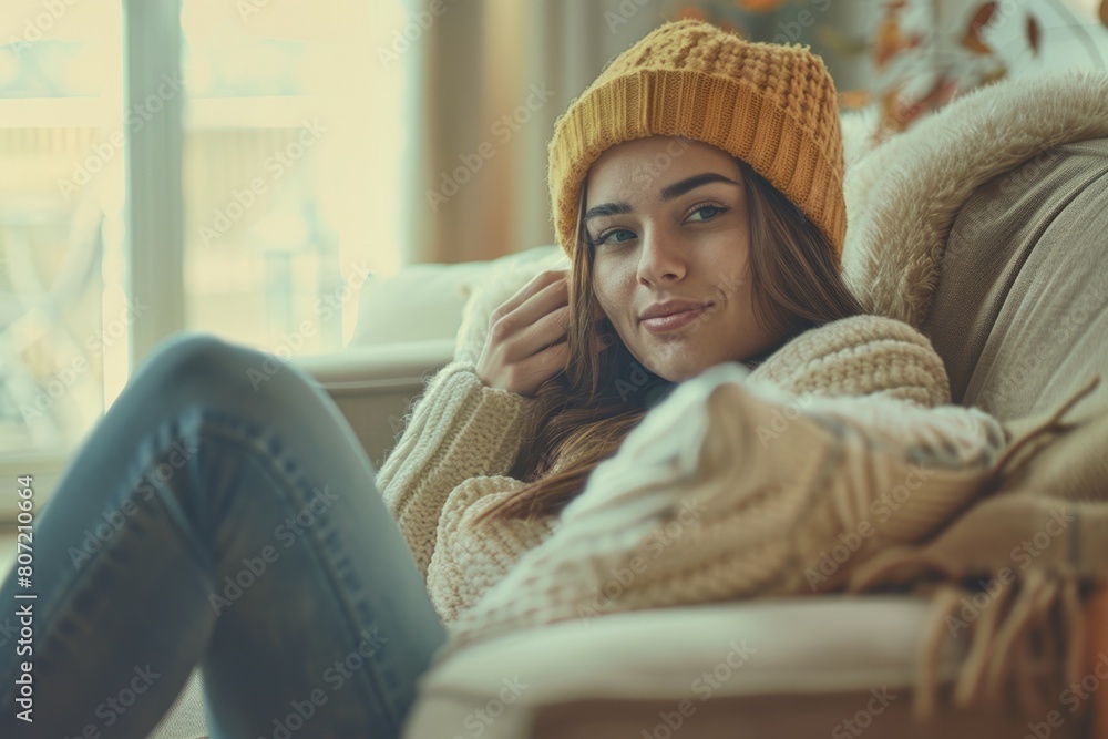 Portrait of happy young woman relaxing at home. Portrait of happy young woman relaxing at home.