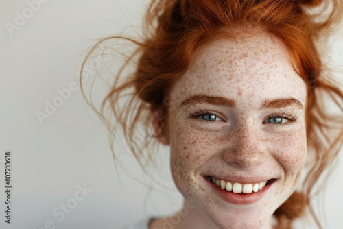 Headshot Portrait of happy ginger girl with freckles smiling looking at camera. White background.