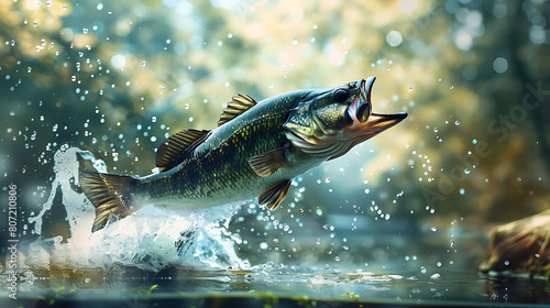 Jumping Bass Fish For Wallpaper Background, Fishing Lovers Image , On Water Forest and Mountain, Freshwater Fish, Fish Scene