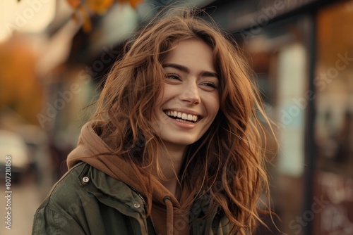 Wallpaper Mural Attractive woman in green jacket smiling with best friend. Torontodigital.ca