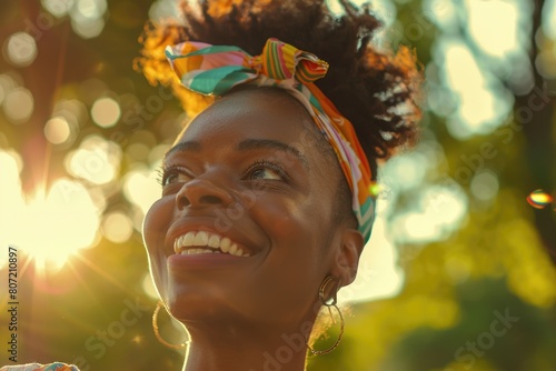 Happy black woman smiling outdoors at park during sunset.