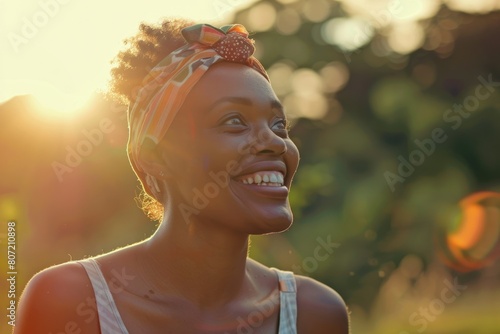 Happy black woman smiling outdoors at park during sunset.