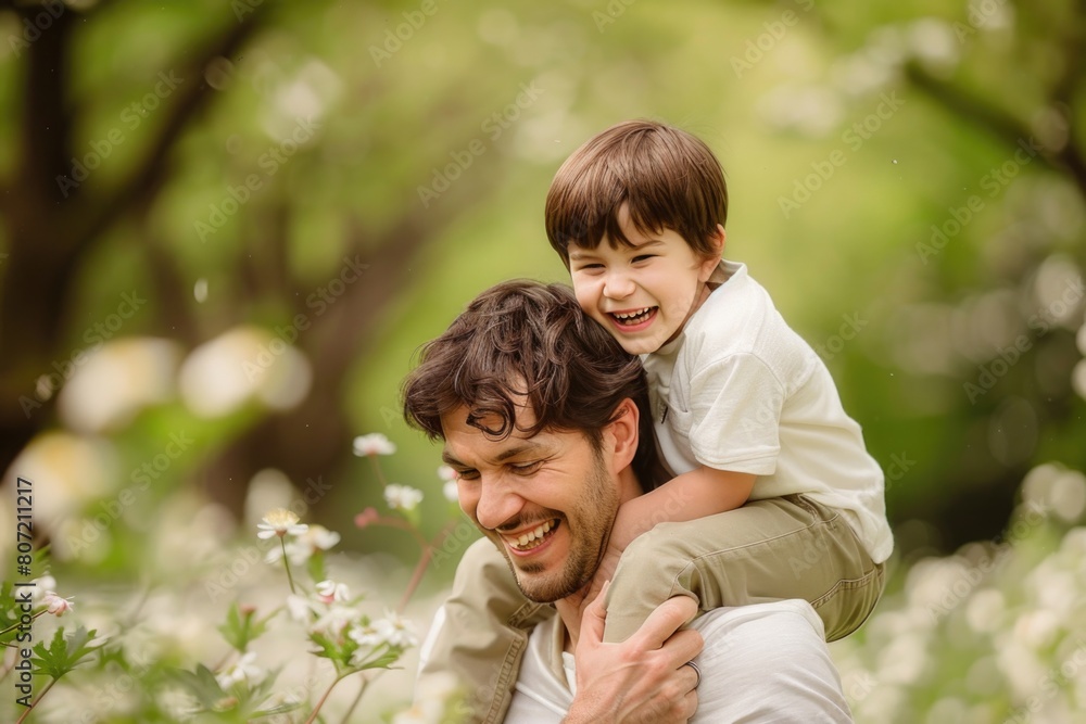 Cheerful young boy riding on his father's shoulders in a springtime flower field Cheerful young boy riding on his father's shoulders in a springtime flower field