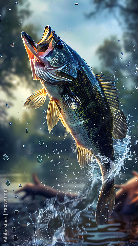 Jumping Bass Fish For Wallpaper Background, Fishing Lovers Image , On Water Forest and Mountain, Freshwater Fish, Fish Scene