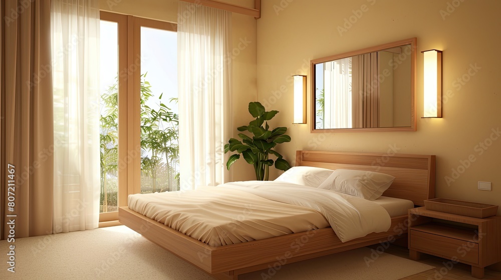 a Scandinavian-inspired bedroom, featuring a wooden bed, wall-mounted mirror, and window, simple furniture against beige walls, y a white carpet, a lush green plant, and soft lighting. a Scandinavian-inspired bedroom, featuring a wooden bed, wall-mounted mirror, and window, simple furniture against beige walls, y a white carpet, a lush green plant, and soft lighting.