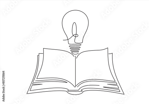 One single line drawing of shining light bulb above open text book logo identity. continuous line draw design graphic vector illustration