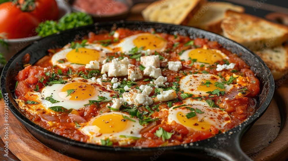   A skillet filled with eggs, sauce, cheese, and parsley sits on a cutting board alongside bread and tomatoes