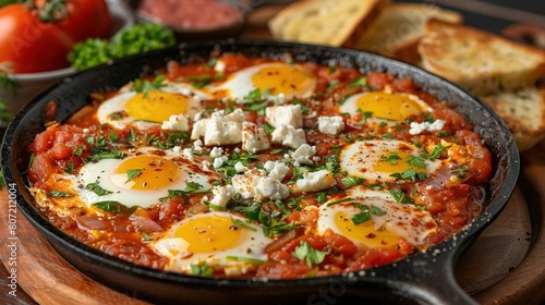  A skillet filled with eggs, sauce, cheese, and parsley sits on a cutting board alongside bread and tomatoes