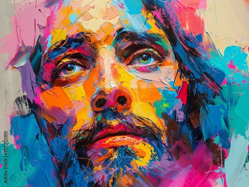 With bold colors and energetic brushstrokes, pop art captures the essence of Jesuss message, each painting a vivid reflection of his teachings, super detailed photo