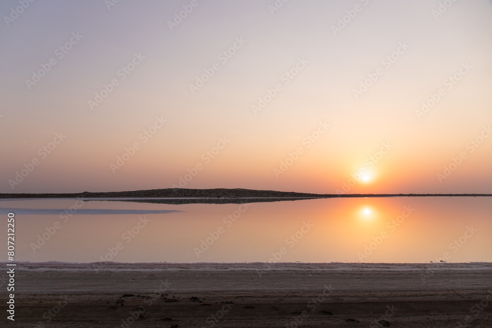 Sunset on a salt lake. Neftchala. Azerbaijan.