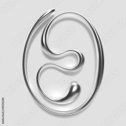 3D chrome number 0, numeral zero dripping liquid metal with glossy reflection shiny surface. Abstract shape of molten silver alloy. Isolated vector for Y2K and retro futurism fonts, typography