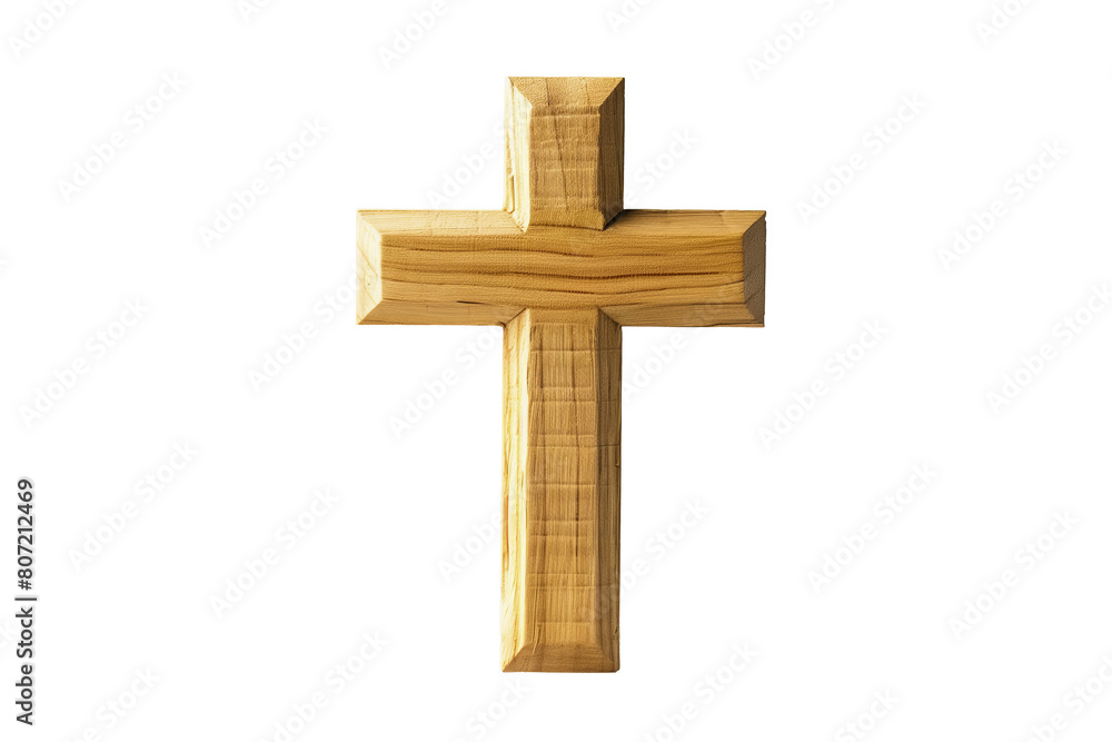 A simple, elegant wooden Christian cross isolated on a transparent background, with soft lighting emphasizing the wood's texture.