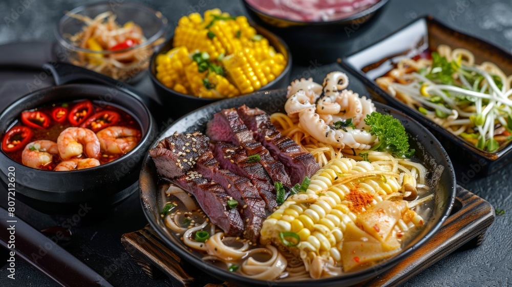 A Thai dish containing corn, squid, steak, soup and noodles.