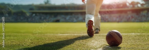 A close view of a cricket ball on the pitch with a player running in the background, capturing the excitement of the game photo
