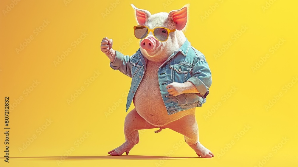 A pig wearing sunglasses and a red jacket is standing on a yellow background