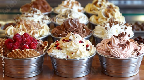   A collection of tins filled with various cupcake flavors atop a wooden table