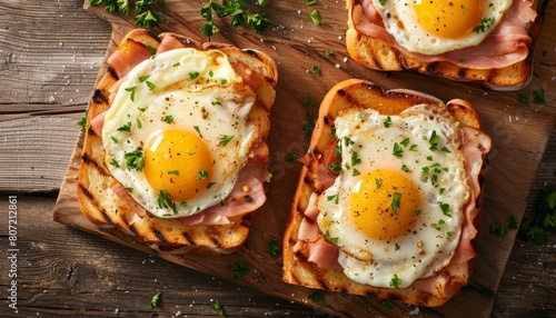 Croque monsieur and croque madame grilled sandwiches on brioche bread with ham cheese and egg photo