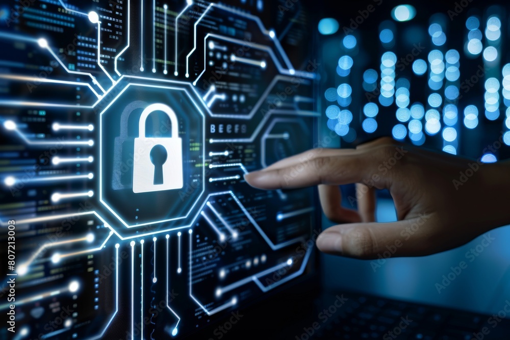 Copywriting space secured by privacy icons, preventive measures against cyber threats through lock and information technology, piracy connections monitored.