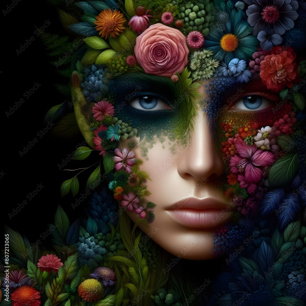 Hyper realistic woman’s face with floral and tree elements against a dark nature background. Hyper realistic woman’s face with floral and tree elements against a dark nature background.