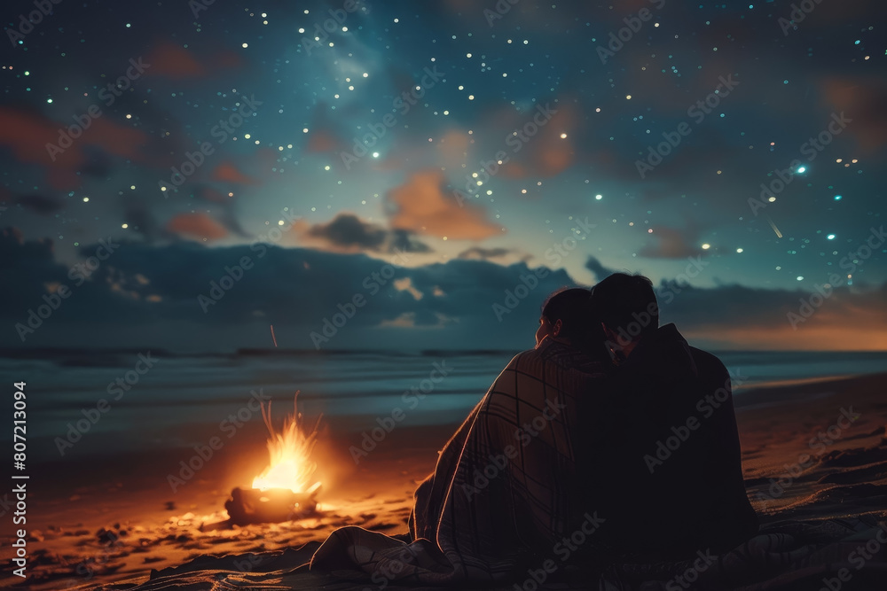 A couple is sitting on the beach, wrapped in a blanket