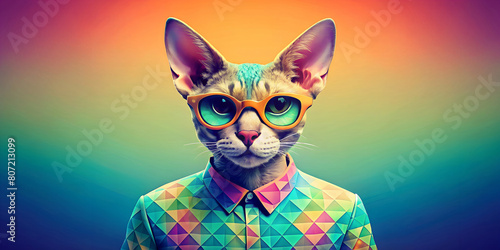The colourful, expressive-faced cat wears large, round sunglasses and a geometric patterned shirt. In the background you can see the alternation of warm and cool tones.AI generated.