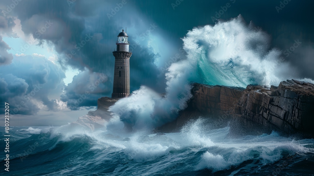 Stormy sea with dramatic waves crashing against a lighthouse on a rocky cliff