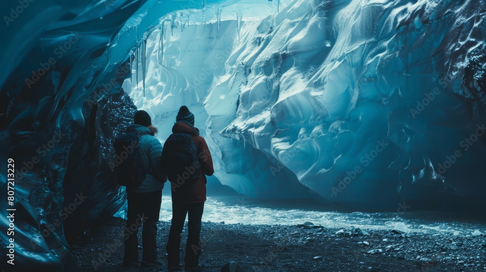 Group of three people gazing at the sculptural beauty of an illuminated ice cave