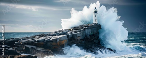 Massive waves engulfing a lighthouse on a rugged cliff. Close-up shot of stormy sea and lighthouse in tumultuous weather. photo