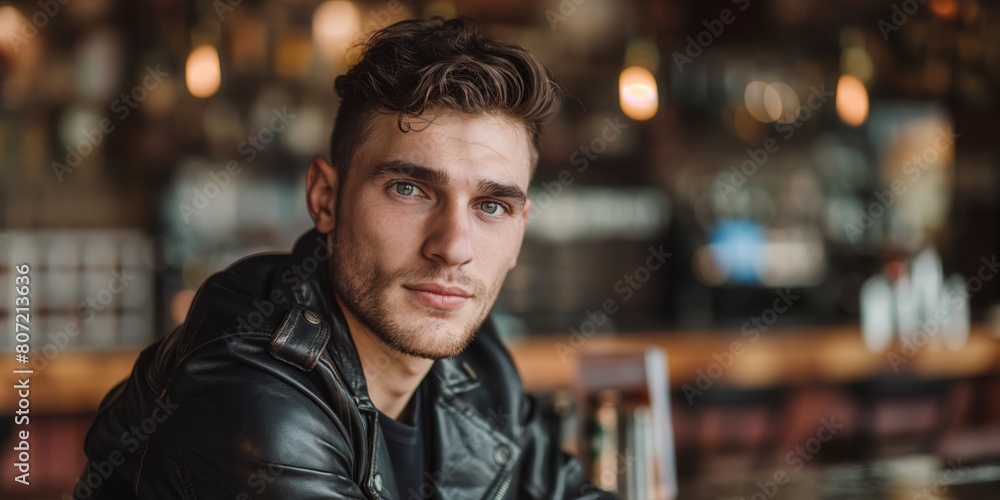 Obraz premium A stylish young man with a contemplative look sits in a dimly lit bar setting
