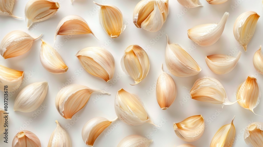A row of garlic bulbs are shown, some of which are cut in half A row of garlic bulbs are shown, some of which are cut in half