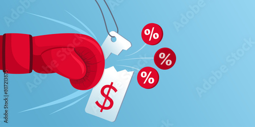 Boxing glove punching and breaking price tags, sale concept
