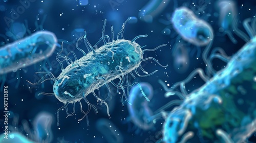 Blue bacterium with multiple flagella on a blue microscopic background © Andrey